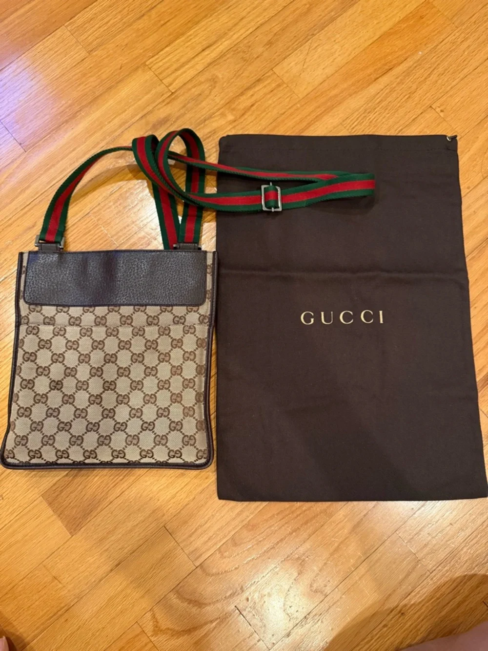 Gucci Brown GG Canvas Messenger with Green-Red Web Strap